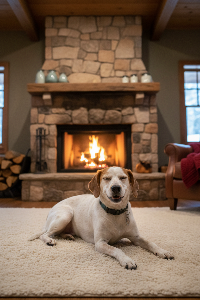 Woody by the fireplace