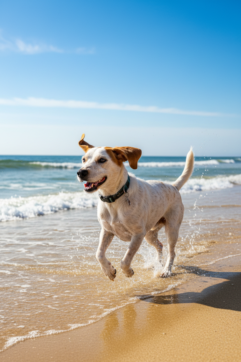 Woody running on the beach